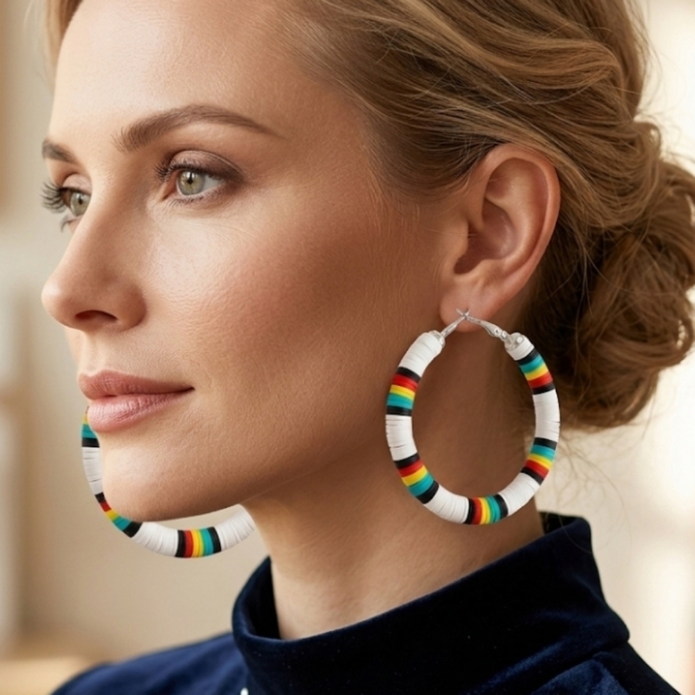 Polymer Clay Round Circle Colorful Medium Hoop Heishi Earrings. 2.0 Inches